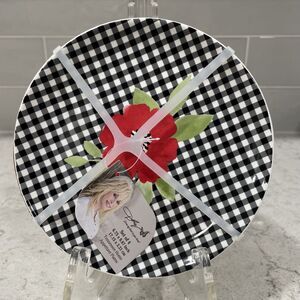 Set 4 Gingham 7” Appetizer Plates Stoneware Black White Red Flower Dolly Parton